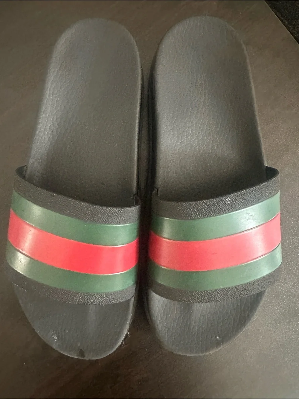 Gucci Black Slide Sandals with Green and Red Stripes